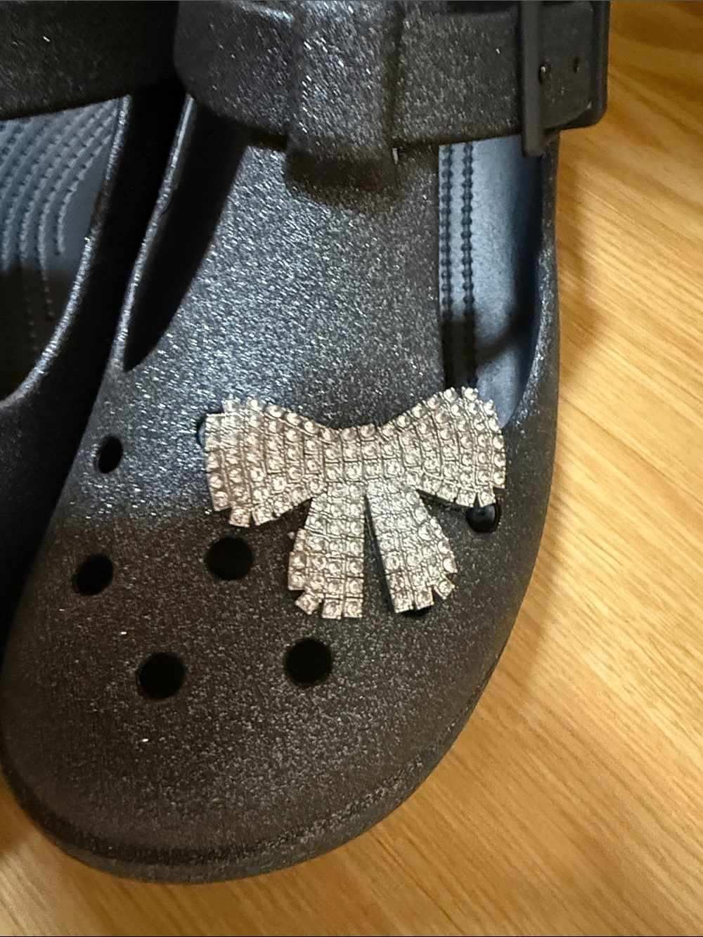 Women Black Glitter Mary Jane Clog with Bow - Crocs Style - Picture 2 of 6
